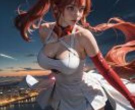 昌利，呼嘯海中的融合自然諧振器，一個有著豐滿紅色乳房的女孩站在城市天際線前。
