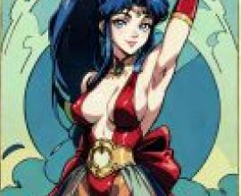 Hishizaki Shaia Voltage Fighter，a lady wearing red dress and blue bra.