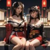 Kimono city night charm: kimono women on the city bench， free gifts， dreamy night
