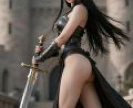 Princess of Restoration，A woman in black dress and armor posing with a sword.
