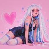 Trapped in a dream，A girl with blue hair and pink hearts.
