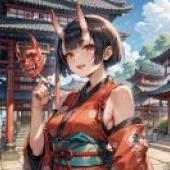 Ninja Girl，Girl in red holding mask and horns.