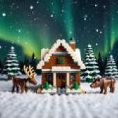 LEGO style Christmas，A lego set featuring reindeer and the house is from christmas time.