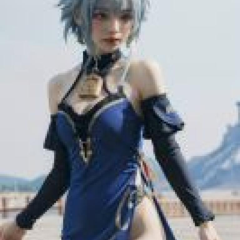 雁生，原神，身穿藍色襯衫，繫著紅色圍巾。