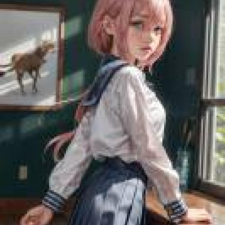 Mobile wallpaper， Mutsu Komaro， The anatomy of the student association， realistic， pink hair， white top and blue skirt.