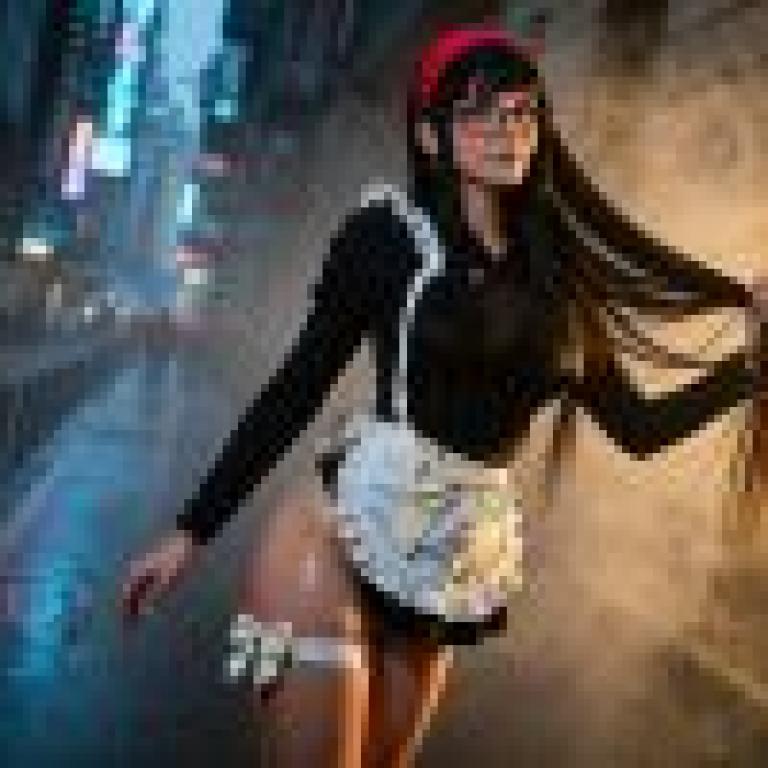 psychedelic，A woman in a maid outfit with glasses on.