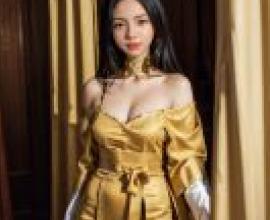 DRLLA woman in a golden dress.