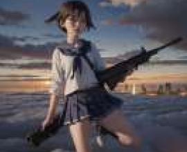 Yoshika Miyafuji，Strike Witches，A girl on top of clouds holding a gun.