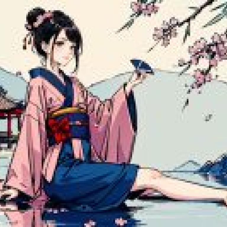 Ancient Kimono，身穿粉色連身裙的女子手持藍色花朵。