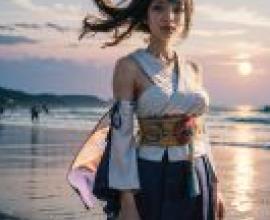 FF X，尤娜，穿著和服的女孩在沙灘上。