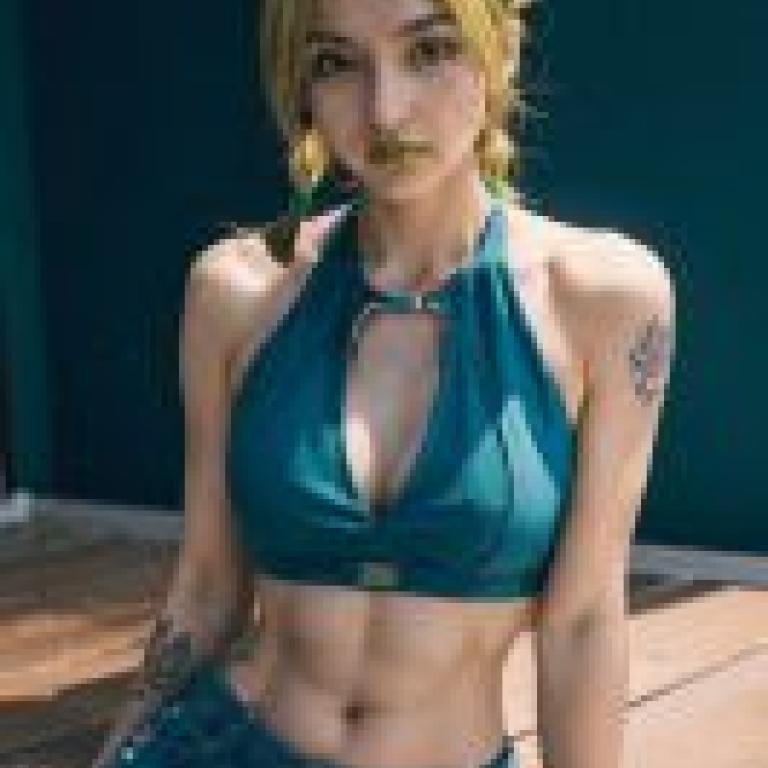 Jolyne Cujoh，jojo adventure，A girl with yellow hair sitting down on the ground.