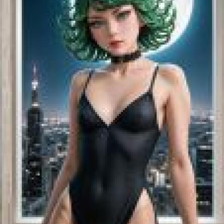 Tatsumaki，One Punch Man，A woman in a green dress sitting next to a window overlooking a cityscape.