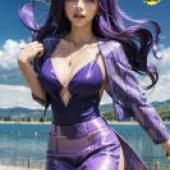 Mobile wallpaper， Mage Prannie Kreis， realistic， a woman in a purple dress standing in front of the sea.