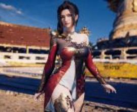 永恆的瘋狂皇帝，凌梅爾，一個黑髮少女，身穿紅白相間的衣服，站在寺廟附近。