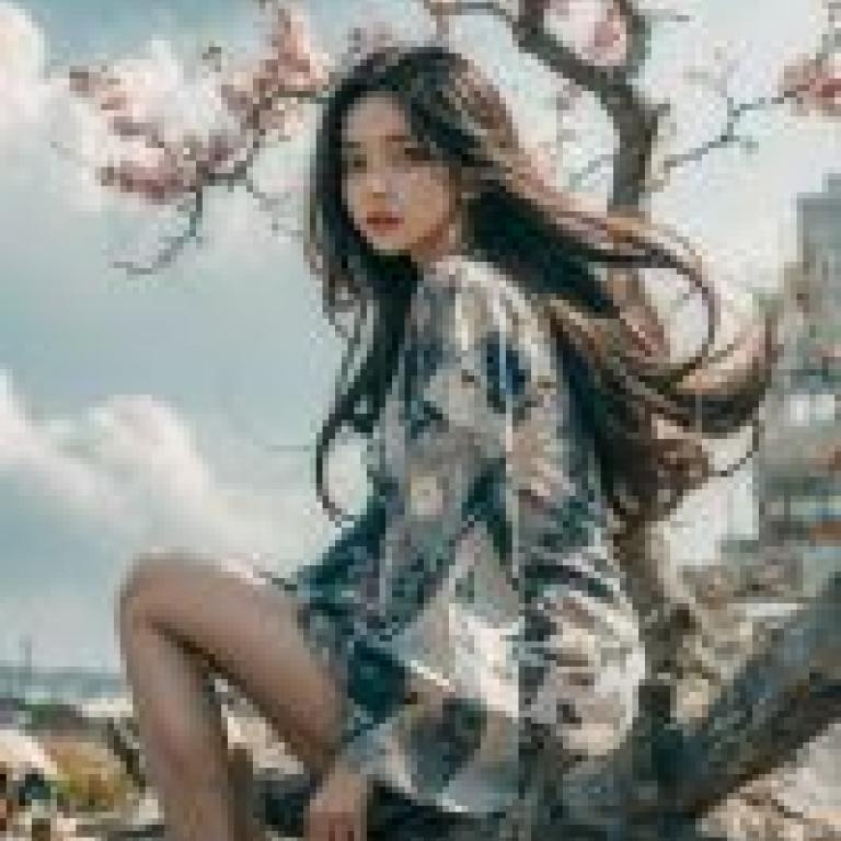 Mobile wallpaper， tree and woman， realistic， model on the branch， photographed by WAZ X DR.