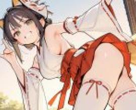 Charming witch，Anime girl sitting on cat with fingers in air.