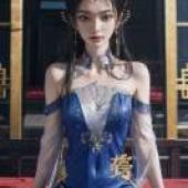 李慕婉，女孩穿著印有漢字的藍色洋裝。