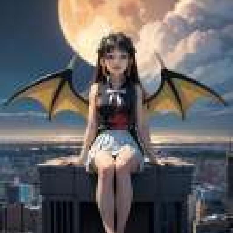 Ooba Juri Magia Record Quebick，A girl with black wings with a moon in the background.