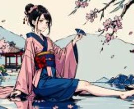 Ancient Kimono，身穿粉色連身裙的女子手持藍色花朵。