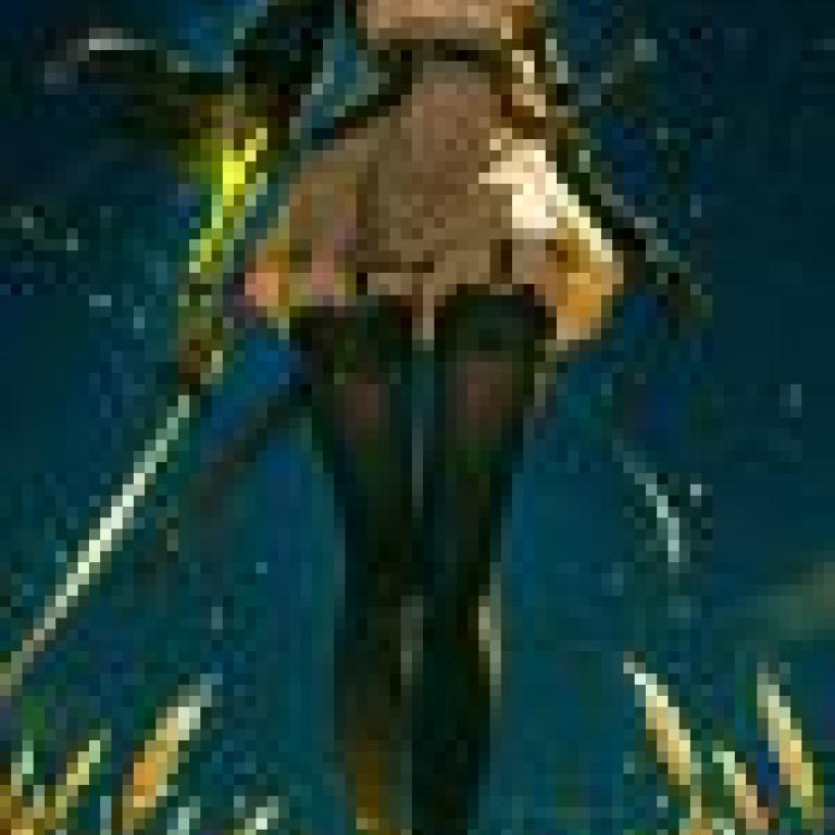 female assassin，A woman in the night sky holding a sword with two swords behind her.