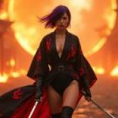 Samurai girl，A girl with a purple shirt and black pants.