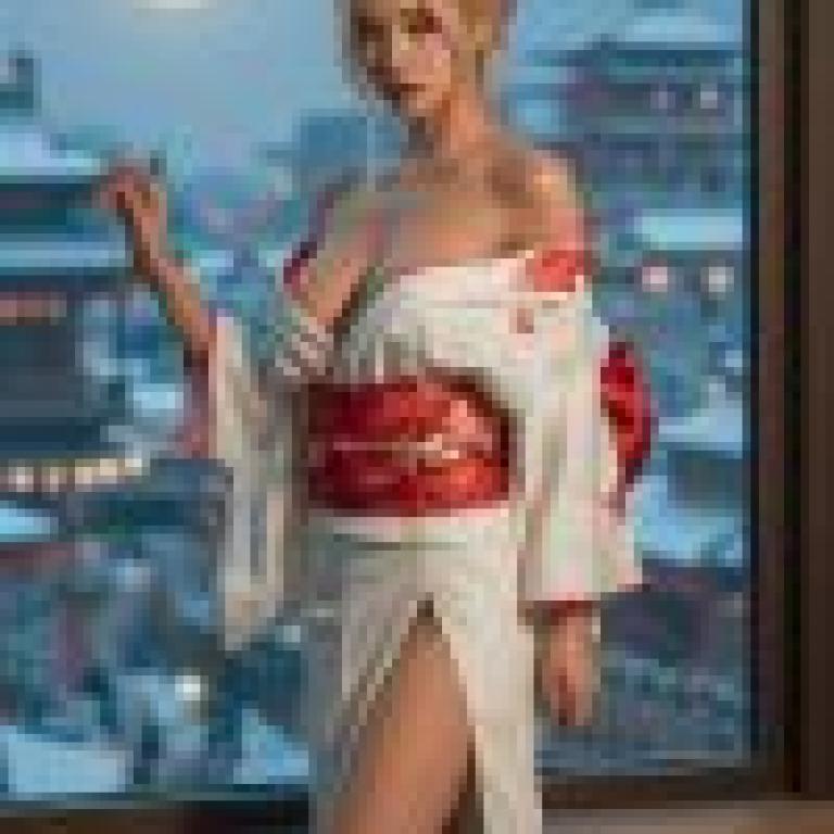 Japanese kimono，A woman is standing in a window with a full moon background.
