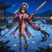 埃及風性感女神，身穿紅色和紫色衣服、頭髮為黑色的水手。