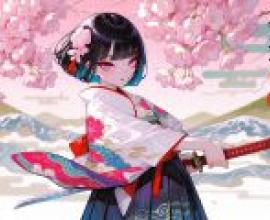 新年櫻花盛開，一位黑髮少女身穿和服，手持紅劍。