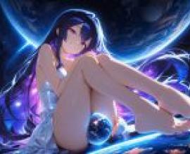 Mother of the Planet，Space girl with black and purple hair.