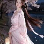 Predestined relationship，A girl is standing in a garden under cherry blossom trees.