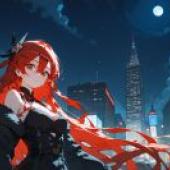 Under the moon，Anime character in front of skyscrapers.