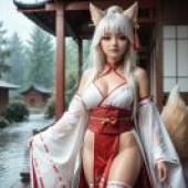 Fox Witch，A girl in red and white， holding onto the rail.