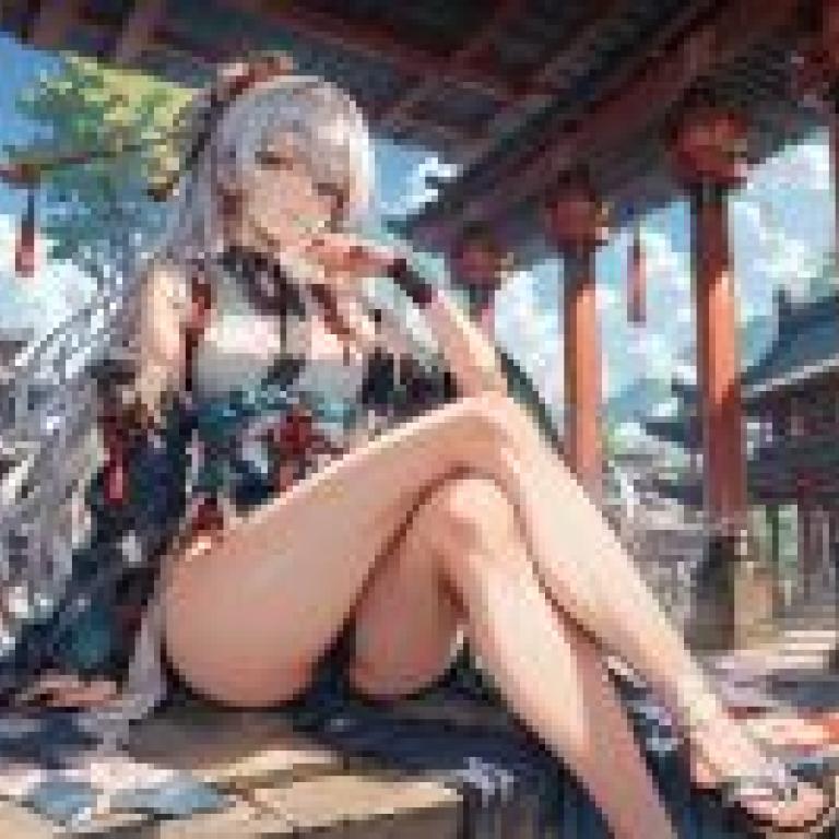 忍者女孩，一名有著白色長髮和藍色長袖的少女盤膝而坐。