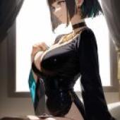 in room，一位身穿黑衣、戴著金色和藍色配件的女子坐在窗邊。