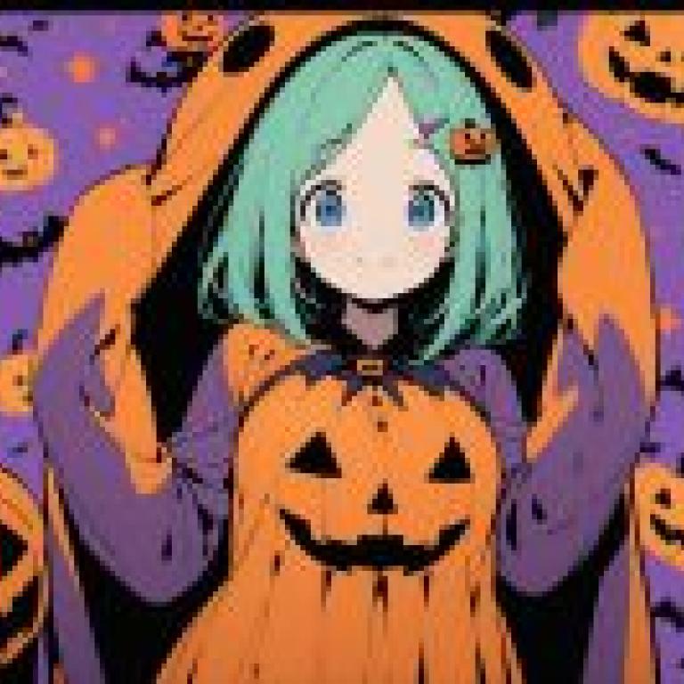 Halloween GirlGirl in orange and purple with green hair.