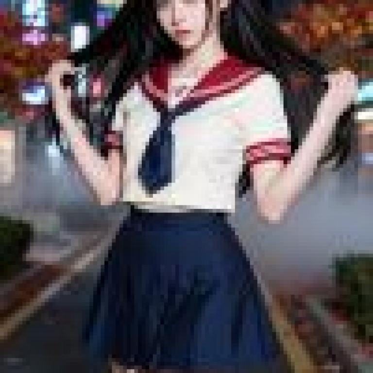 Beautiful photographer，Girl with black hair wearing red and white sailor s outfit.