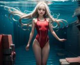 身著競技泳裝的金髮年輕女子在水中。