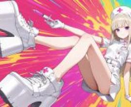 Super Nurse，Nurse with syringe and pink shoes.