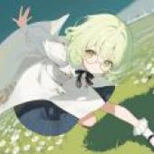 A beautiful dream on the green grass，The cartoon girl is holding out her arm.