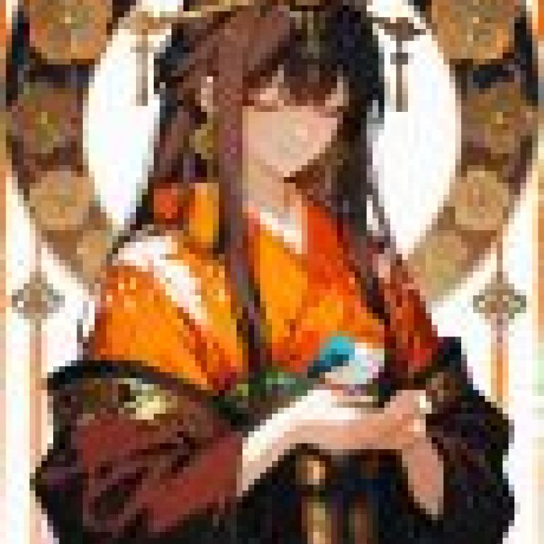 Japanese kimono clad beauties，A woman with black hair holds a bird and wears an orange kimono.