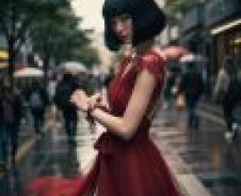 Photographers，A woman in a red dress holding an umbrella.