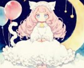 花俏的女孩，粉紅色頭髮的女孩漂浮在空中，周圍環繞著星星、氣球和新月。