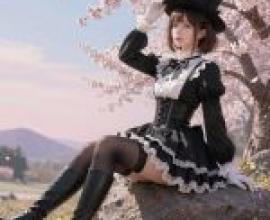 Special Costume Zinnia，A girl in a dress and hat sits on a rock by cherry blossom trees.