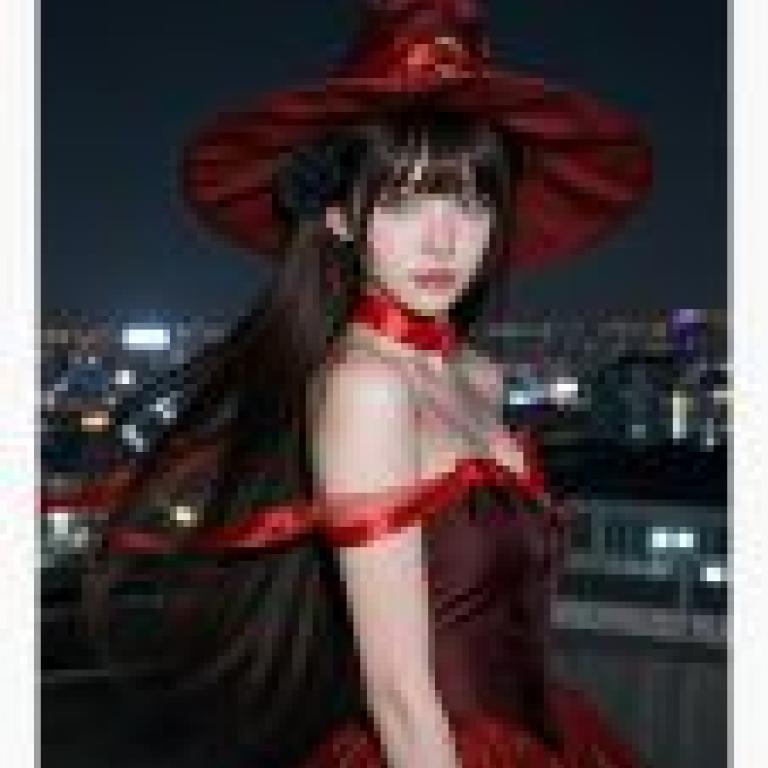 Beautiful and fashionable，A girl in red dress with a witch hat on and a blue flower in her hair.