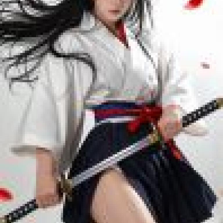 Samurai Girl，A black haired woman wearing white with a red tie holds a sword.