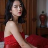 身穿和服的女子，擺出紅色洋裝的姿勢。