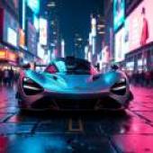 夜色中，一輛紫色跑車停在路邊，車燈閃爍著。