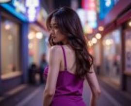 不存在的街道。一位身穿紫色連身裙的女子。