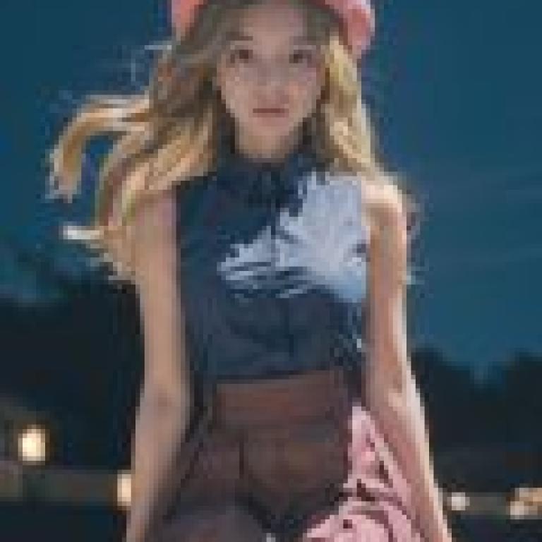 小威，寶可夢，一個穿著藍色襯衫、雙腿交叉的年輕女孩。