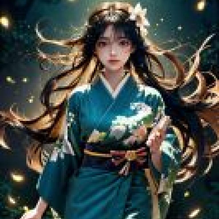 手機桌布，螢火蟲，寫實，一名身穿和服的婦女，頭上寫著「manago」字樣。